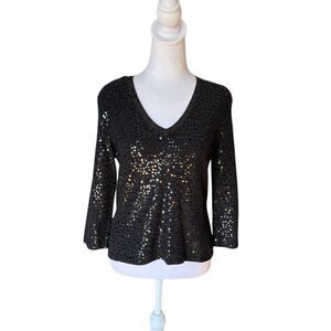 Talbots Black Sequin Sweater V Neck 3/4 Sleeve Silk Cashmere Blend Womens Small